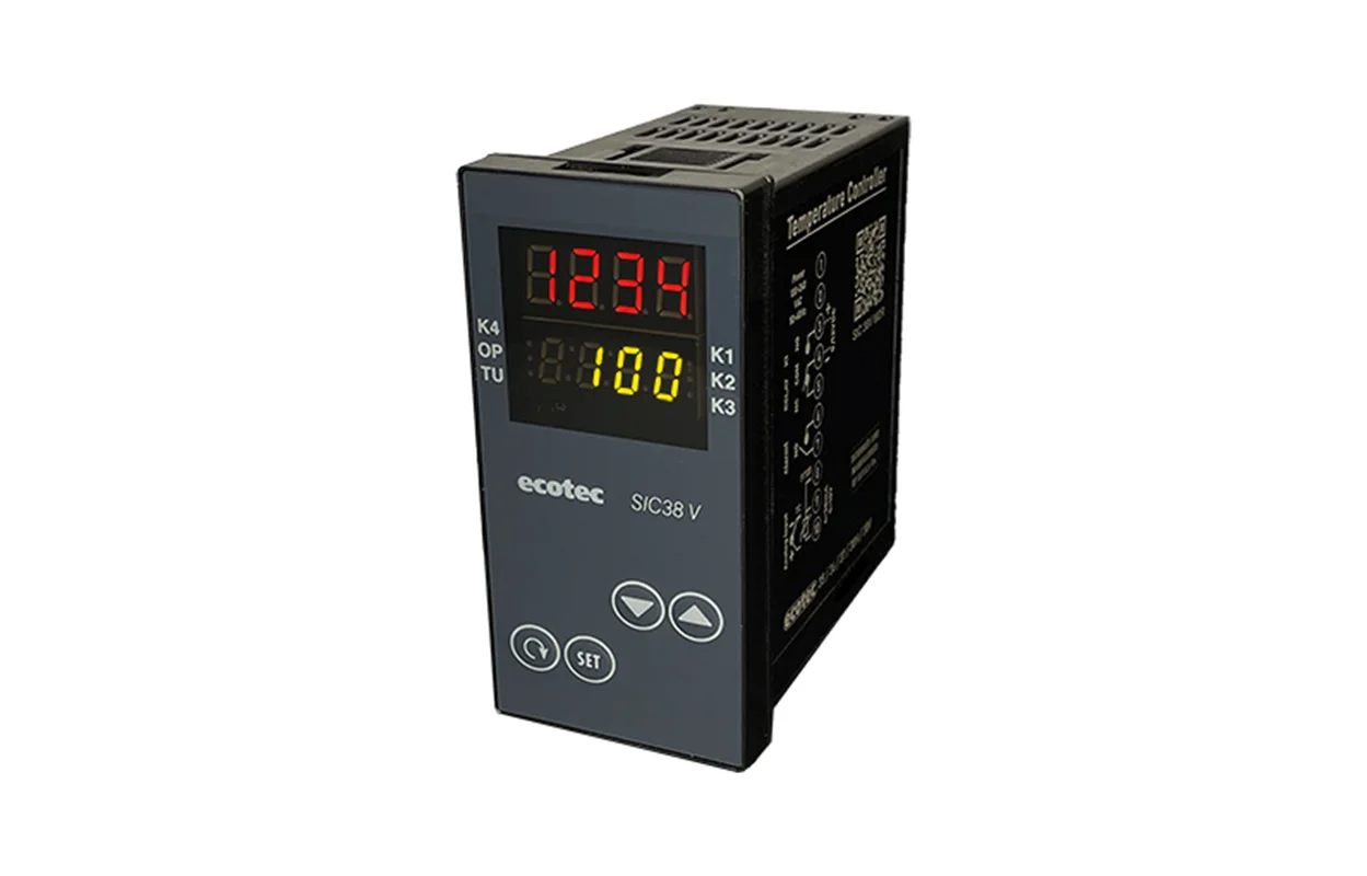 کنترلر ecotec با نمایشگر دو ردیفه مولتی رنج مدلecotec SIC 38-V M-R2 عمودی  ۹۶*۴۸با خروجی دو رله و وردی ترموکوپلPT100 J&K